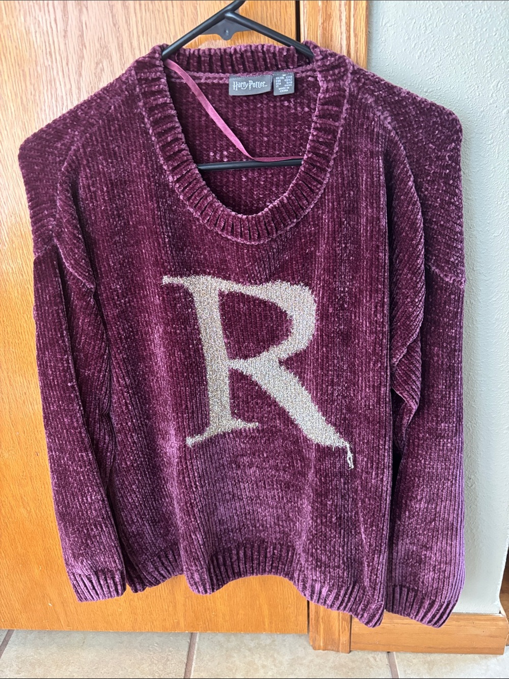Harry Potter Chenille Crewneck Sweater in Burgundy with Gold Sparkle 'R'